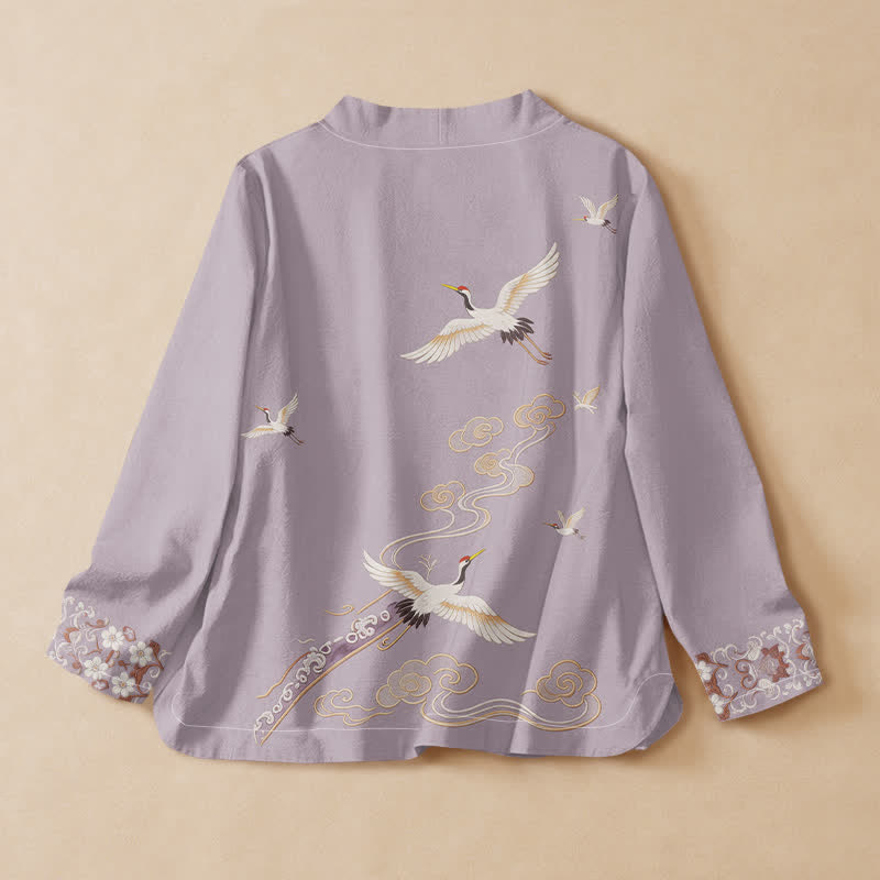 Buddha Stones Cotton Flying Crane Pattern Wrap V-Neck Lace-up Women's Long Sleeve Shirts Kimono - image 1