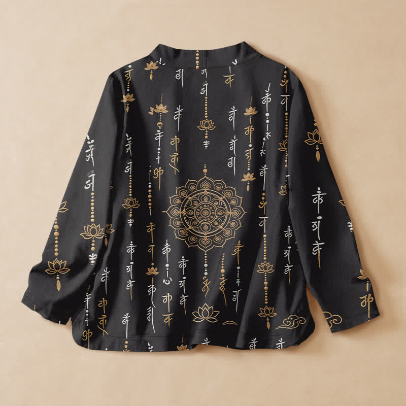 Buddha Stones Cotton Sacred Lotus Mandala Print Hanfu Style Wrap V-Neck Lace-up Women's Long Sleeve Shirts Kimono - image 1