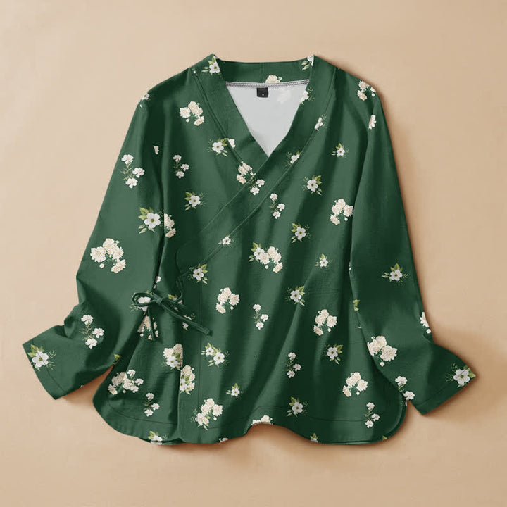 Buddha Stones Cotton Vintage Wildflower Pattern Wrap V-Neck Lace-up Women's Long Sleeve Shirts Kimono - SeaGreen - US16，UK/AU20，EU48 (3XL) - image 0