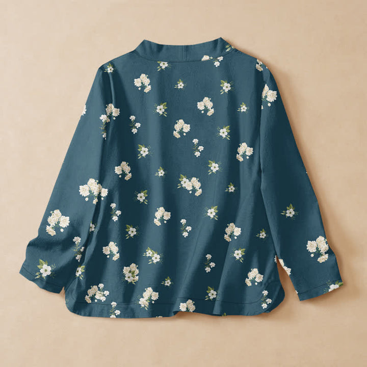 Buddha Stones Cotton Vintage Wildflower Pattern Wrap V-Neck Lace-up Women's Long Sleeve Shirts Kimono - image 6