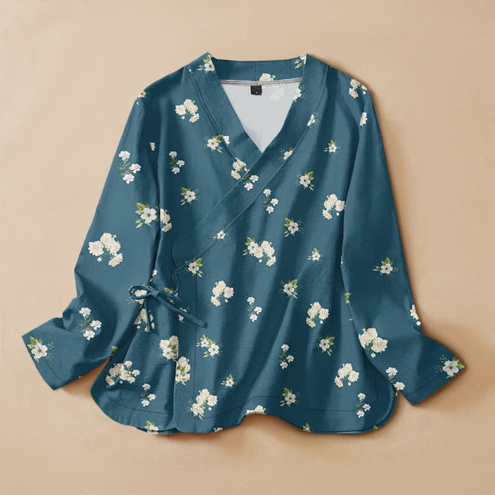 Buddha Stones Cotton Vintage Wildflower Pattern Wrap V-Neck Lace-up Women's Long Sleeve Shirts Kimono - Teal - US16，UK/AU20，EU48 (3XL) - image 5