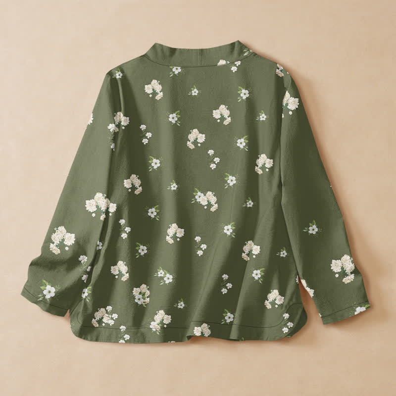 Buddha Stones Cotton Vintage Wildflower Pattern Wrap V-Neck Lace-up Women's Long Sleeve Shirts Kimono - image 8
