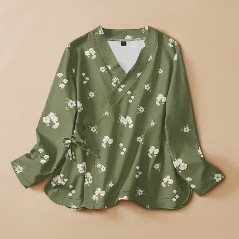 Buddha Stones Cotton Vintage Wildflower Pattern Wrap V-Neck Lace-up Women's Long Sleeve Shirts Kimono - OliveDrab - US16，UK/AU20，EU48 (3XL) - image 7