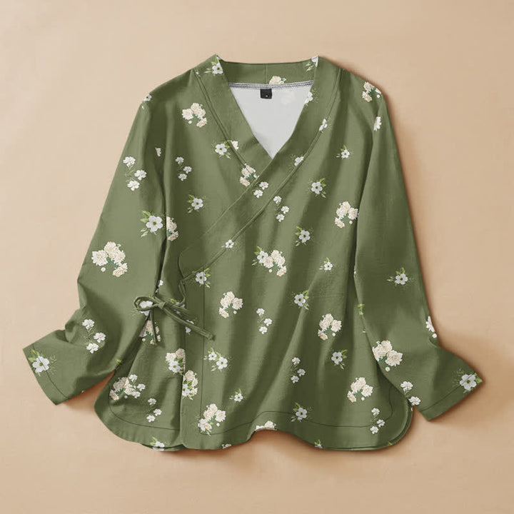 Buddha Stones Cotton Vintage Wildflower Pattern Wrap V-Neck Lace-up Women's Long Sleeve Shirts Kimono - OliveDrab - US16，UK/AU20，EU48 (3XL) - image 7