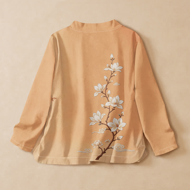 Buddha Stones Cotton Magnolia Blossom Branch Print Hanfu Style Wrap V-Neck Lace-up Women's Long Sleeve Shirts Kimono - image 1