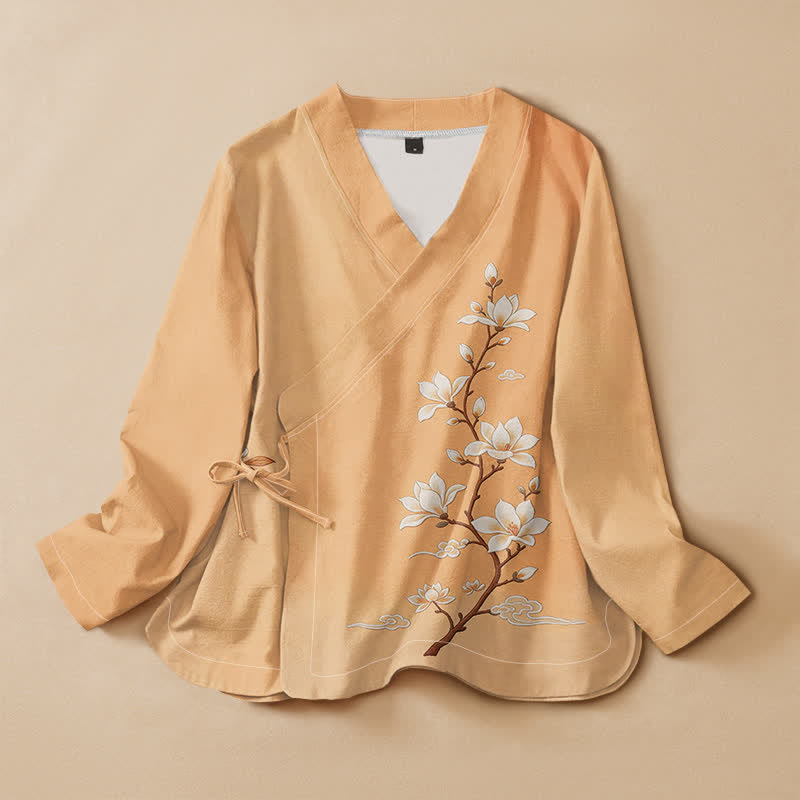 Buddha Stones Cotton Magnolia Blossom Branch Print Hanfu Style Wrap V-Neck Lace-up Women's Long Sleeve Shirts Kimono - NavajoWhite - US16，UK/AU20，EU48 (3XL) - image 0