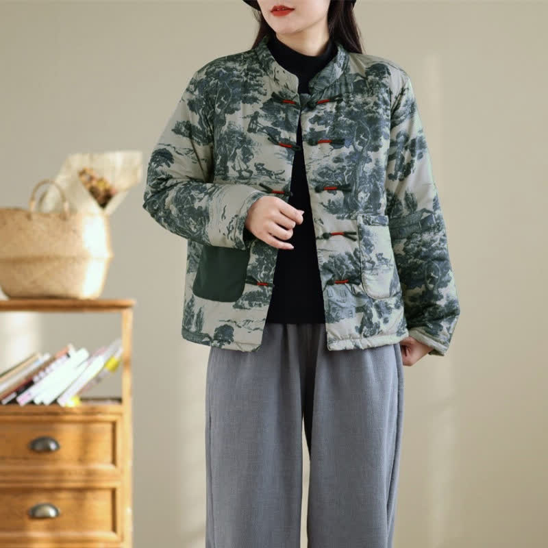 Buddha Stones Fall Winter Vintage Tang Style Frog Button Tree Print Cropped Women's Jacket With Pockets - image 6