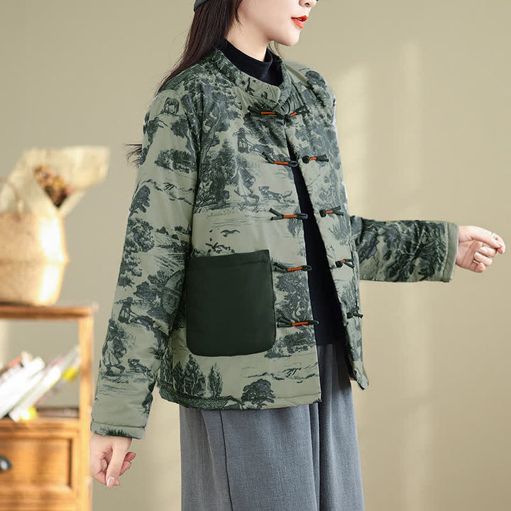 Buddha Stones Fall Winter Vintage Tang Style Frog Button Tree Print Cropped Women's Jacket With Pockets - image 4