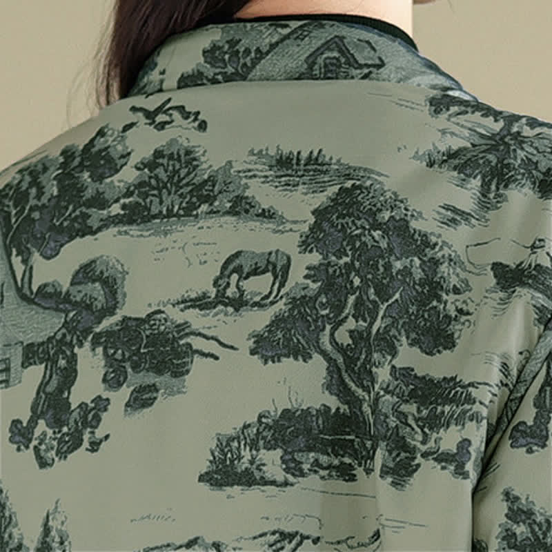 Buddha Stones Fall Winter Vintage Tang Style Frog Button Tree Print Cropped Women's Jacket With Pockets - image 9