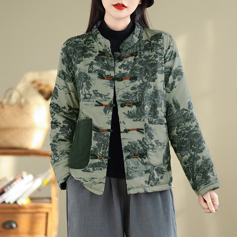 Buddha Stones Fall Winter Vintage Tang Style Frog Button Tree Print Cropped Women's Jacket With Pockets - LightBlue - US12，UK/AU16，EU44 (3XL) - image 0
