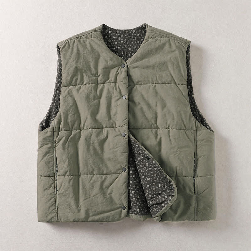 Buddha Stones Winter Casual Vintage Button-Up Floral Tank Top Women's Vest With Pockets - DarkKhaki - US8-10，UK/AU12-14，EU40-42 (2XL) - image 0