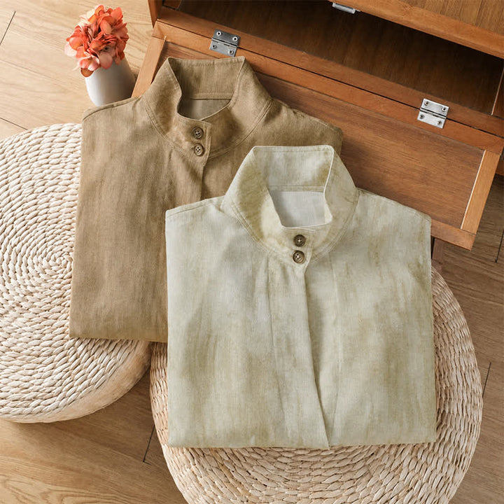 Buddha Stones Fall Casual Tang Style Mandarin Collar Buttons Solid Women's Long Sleeve Shirts - image 17