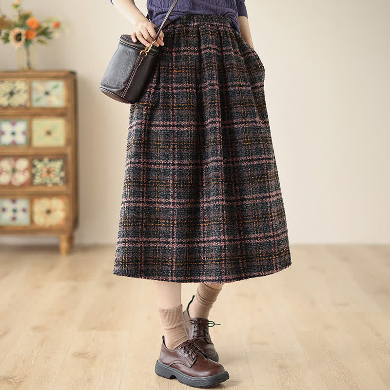 Buddha Stones Fall Winter Minimalist Classic Pleated Plaid Women's Skirt With Pockets - Sienna - US8-10, UK/AU12-14, EU40-42 (2XL) - image 0