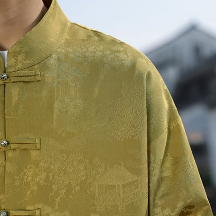 Buddha Stones Spring Fall Casual Tang Style Mandarin Collar Frog Button Landscape Pattern Men's Long Sleeve Shirts With Pockets - image 9