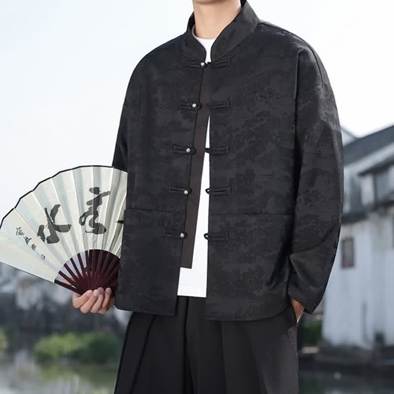 Buddha Stones Spring Fall Casual Tang Style Mandarin Collar Frog Button Landscape Pattern Men's Long Sleeve Shirts With Pockets - image 16