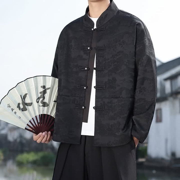 Buddha Stones Spring Fall Casual Tang Style Mandarin Collar Frog Button Landscape Pattern Men's Long Sleeve Shirts With Pockets - image 16