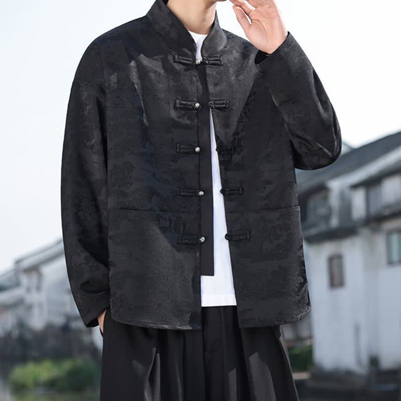 Buddha Stones Spring Fall Casual Tang Style Mandarin Collar Frog Button Landscape Pattern Men's Long Sleeve Shirts With Pockets - image 18