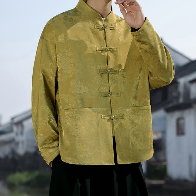 Buddha Stones Spring Fall Casual Tang Style Mandarin Collar Frog Button Landscape Pattern Men's Long Sleeve Shirts With Pockets - image 1