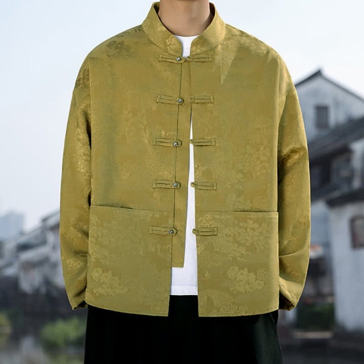 Buddha Stones Spring Fall Casual Tang Style Mandarin Collar Frog Button Landscape Pattern Men's Long Sleeve Shirts With Pockets - image 7