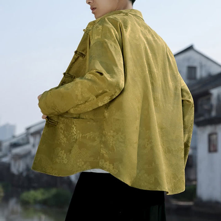 Buddha Stones Spring Fall Casual Tang Style Mandarin Collar Frog Button Landscape Pattern Men's Long Sleeve Shirts With Pockets - image 5