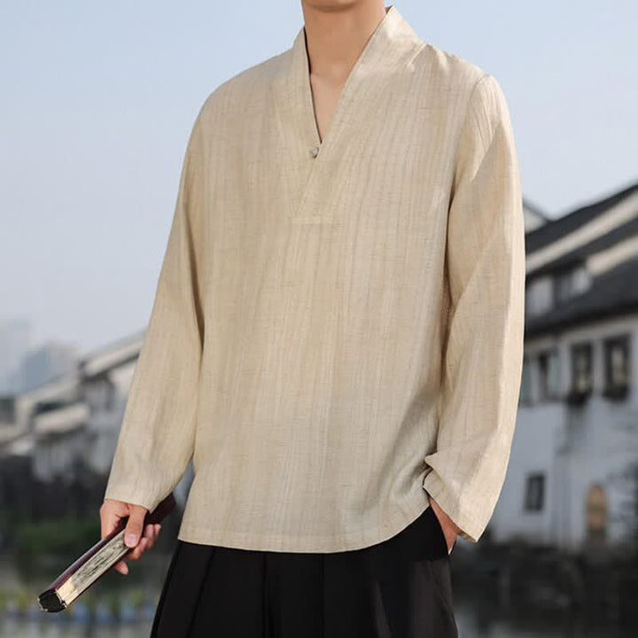 Buddha Stones Spring Fall Casual Tang Style V-Neck Solid Men's Long Sleeve Shirts - image 7