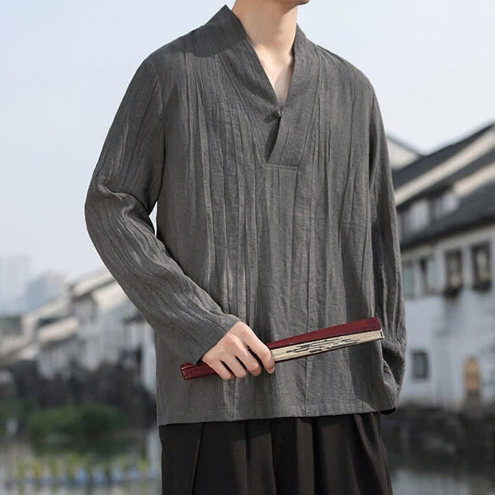 Buddha Stones Spring Fall Casual Tang Style V-Neck Solid Men's Long Sleeve Shirts - image 17