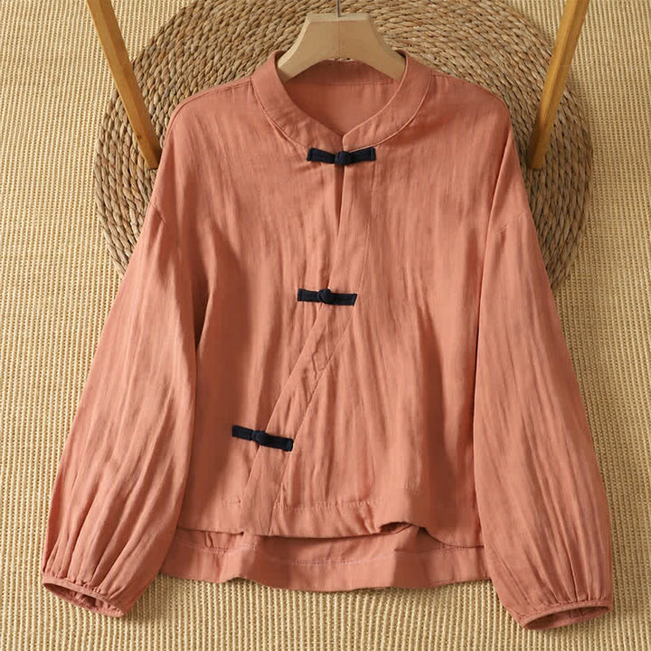 Buddha Stones Spring Summer Vintage Tang Style Frog Button Solid Cotton Linen Women's Long Sleeve Shirts - LightPink - US8-10, UK/AU12-14, EU40-42 (2XL) - image 1