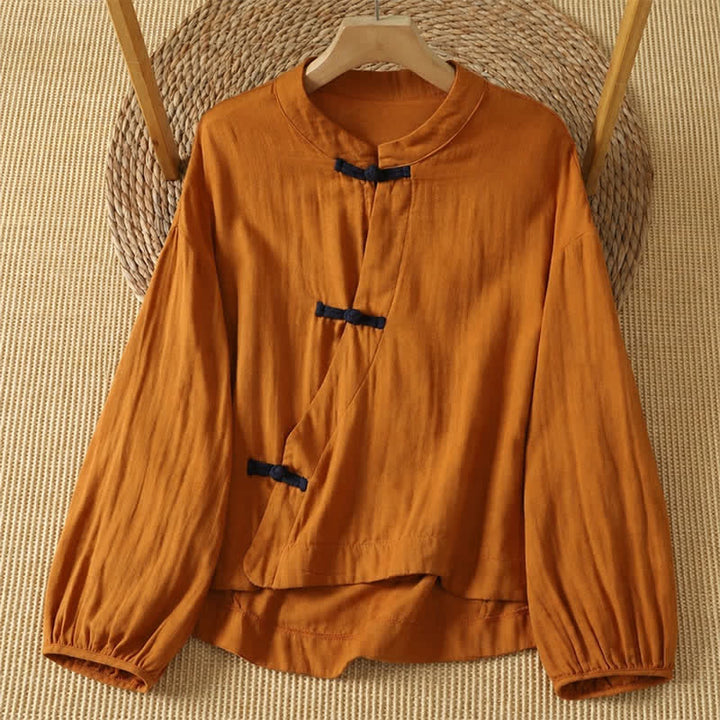 Buddha Stones Spring Summer Vintage Tang Style Frog Button Solid Cotton Linen Women's Long Sleeve Shirts - Chocolate - US8-10, UK/AU12-14, EU40-42 (2XL) - image 0