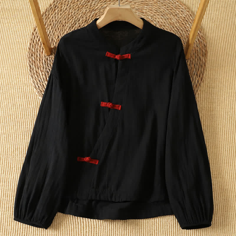 Buddha Stones Spring Summer Vintage Tang Style Frog Button Solid Cotton Linen Women's Long Sleeve Shirts - Black - US8-10, UK/AU12-14, EU40-42 (2XL) - image 8