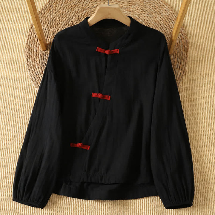 Buddha Stones Spring Summer Vintage Tang Style Frog Button Solid Cotton Linen Women's Long Sleeve Shirts - Black - US8-10, UK/AU12-14, EU40-42 (2XL) - image 8