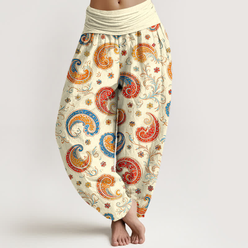 Buddha Stones Cotton Exotic Paisley Motif Pattern Women's Elastic Waist Harem Pants - Beige - US16，UK/AU20，EU48 (3XL) - image 8