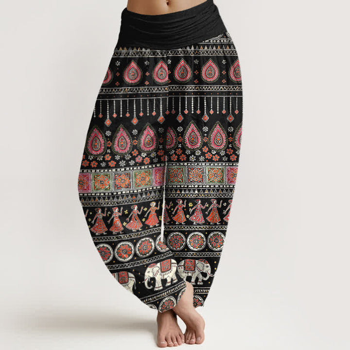 Buddha Stones Cotton Exotic Geometric Elephant Pattern Women's Elastic Waist Harem Pants - Black - US16，UK/AU20，EU48 (3XL) - image 0