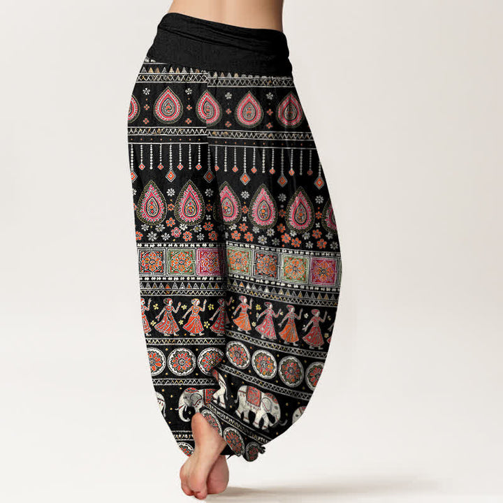 Buddha Stones Cotton Exotic Geometric Elephant Pattern Women's Elastic Waist Harem Pants - image 1