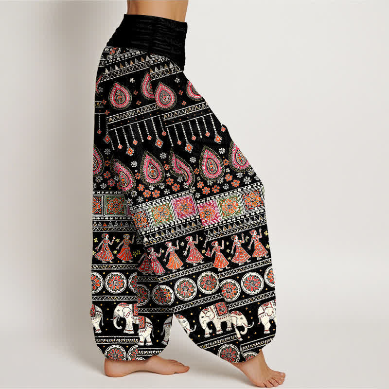 Buddha Stones Cotton Exotic Geometric Elephant Pattern Women's Elastic Waist Harem Pants - image 2