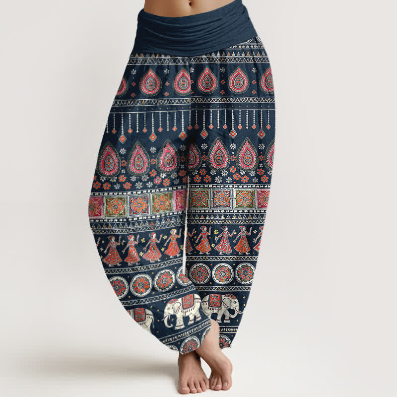 Buddha Stones Cotton Exotic Geometric Elephant Pattern Women's Elastic Waist Harem Pants - MidnightBlue - US16，UK/AU20，EU48 (3XL) - image 5