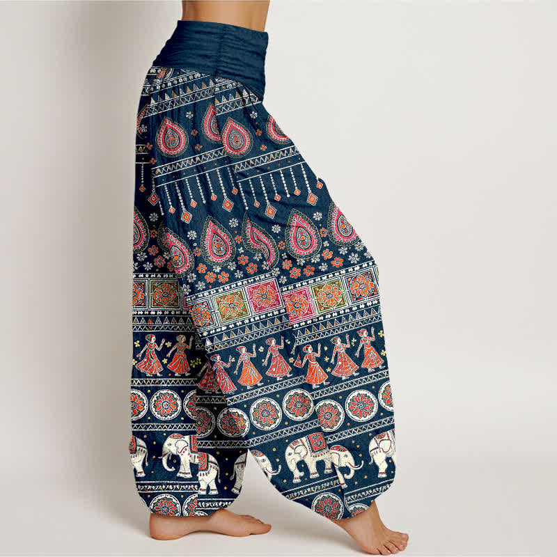 Buddha Stones Cotton Exotic Geometric Elephant Pattern Women's Elastic Waist Harem Pants - image 7