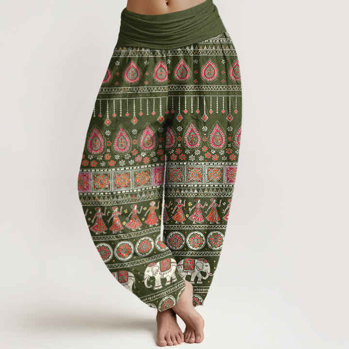 Buddha Stones Cotton Exotic Geometric Elephant Pattern Women's Elastic Waist Harem Pants - DarkOliveGreen - US16，UK/AU20，EU48 (3XL) - image 8