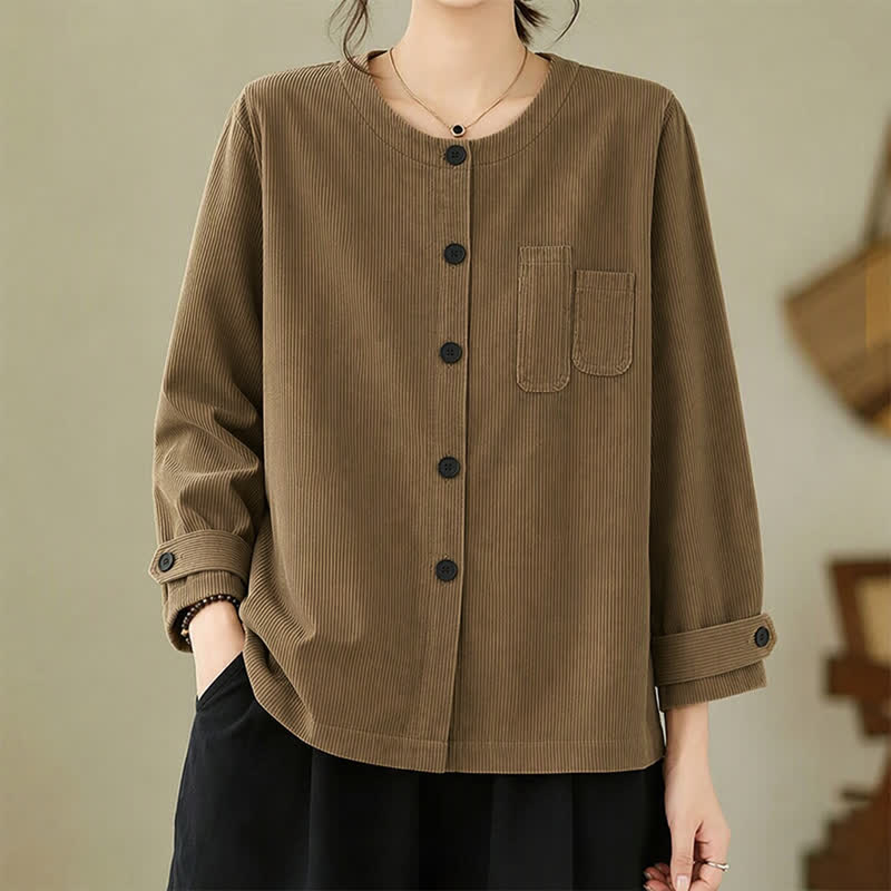 Buddha Stones Fall Winter Casual Vintage Button-Up Solid Corduroy Women's Long Sleeve Shirts With Pockets - Tan - US14, UK/AU18, EU46 (2XL) - image 0