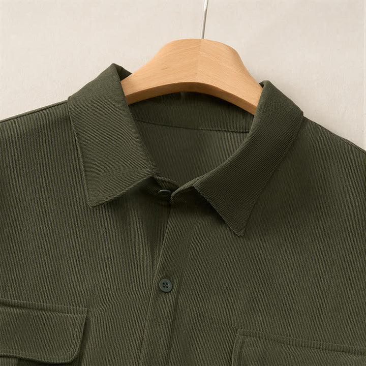 Buddha Stones Spring Casual Simple Solid Corduroy Men's Long Sleeve Shirts With Patch Pockets - image 12