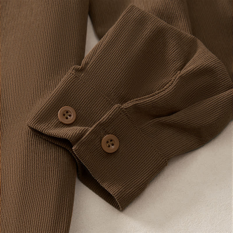 Buddha Stones Spring Casual Simple Solid Corduroy Men's Long Sleeve Shirts With Patch Pockets - image 7
