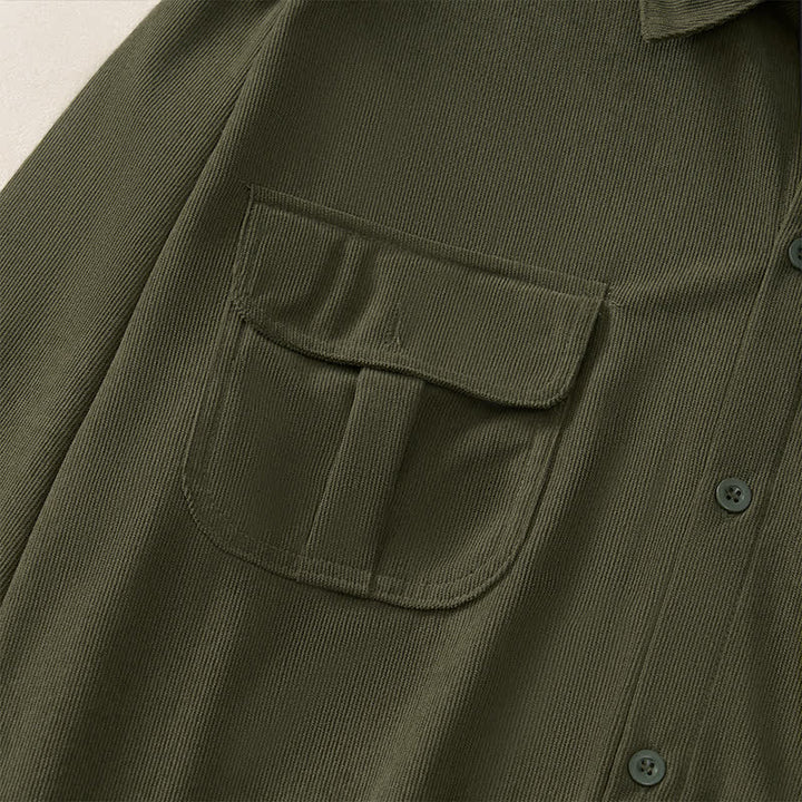 Buddha Stones Spring Casual Simple Solid Corduroy Men's Long Sleeve Shirts With Patch Pockets - image 13