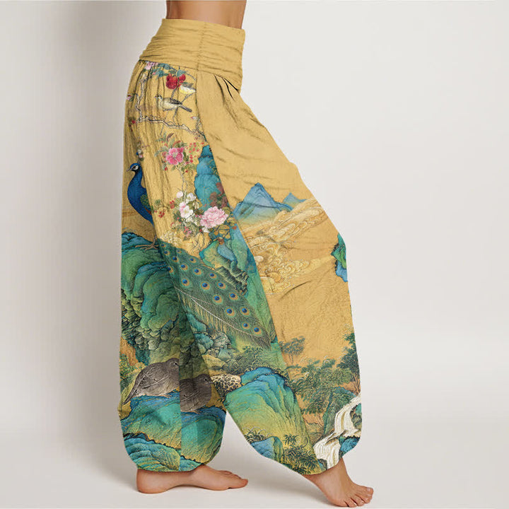 Buddha Stones Cotton Scenic Peacock Flower Pattern Women's Elastic Waist Harem Pants - image 2