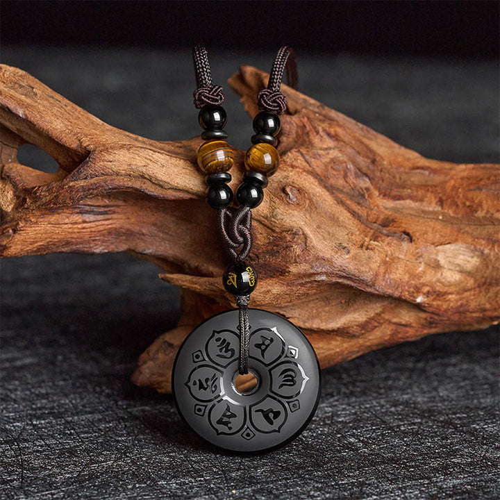 Buddha Stones Black Obsidian Peace Buckle Protection Engraved Braided Necklace - Om Mani Padme Hum(Love ♥ Wisdom) - image 0