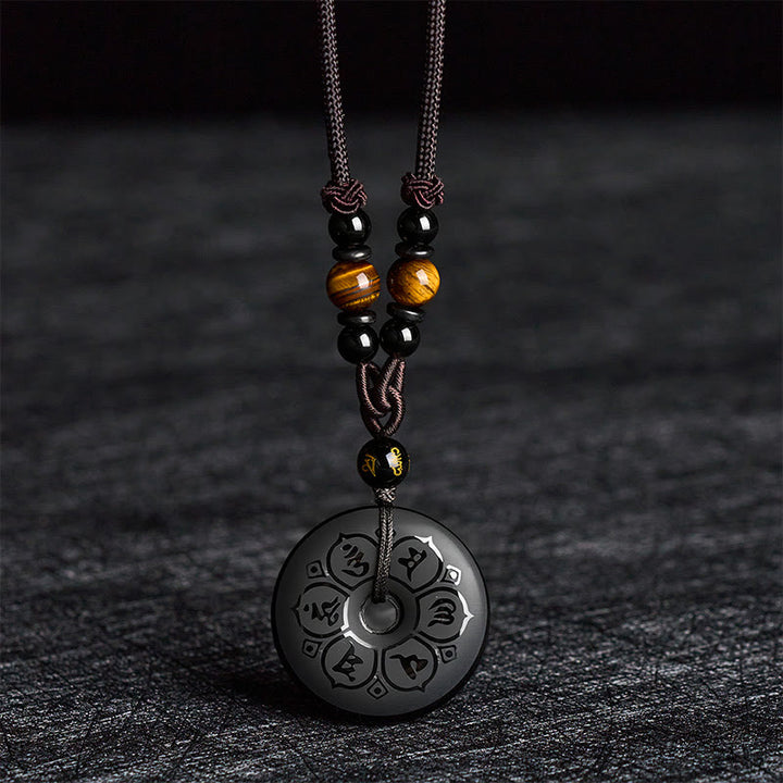 Buddha Stones Black Obsidian Peace Buckle Protection Engraved Braided Necklace - image 2