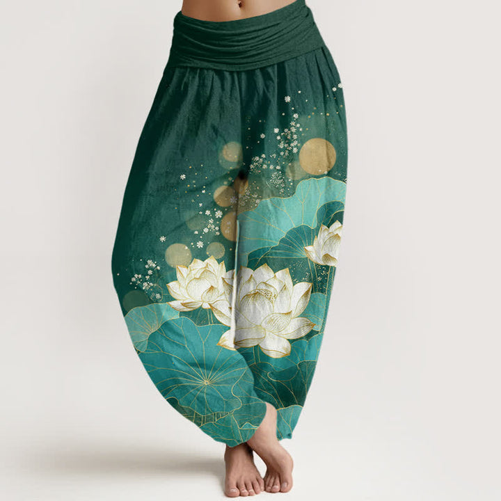 Buddha Stones Cotton Oriental Lotus Leaf Pattern Women's Elastic Waist Harem Pants - DarkGreen - US16，UK/AU20，EU48 (3XL) - image 0