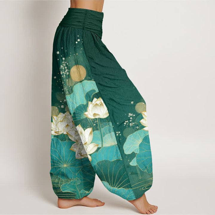 Buddha Stones Cotton Oriental Lotus Leaf Pattern Women's Elastic Waist Harem Pants - image 2
