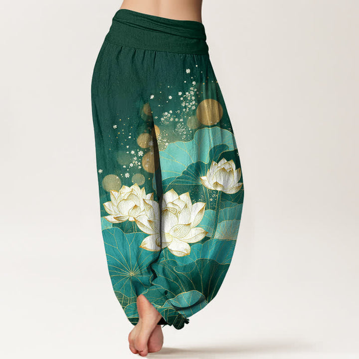 Buddha Stones Cotton Oriental Lotus Leaf Pattern Women's Elastic Waist Harem Pants - image 1