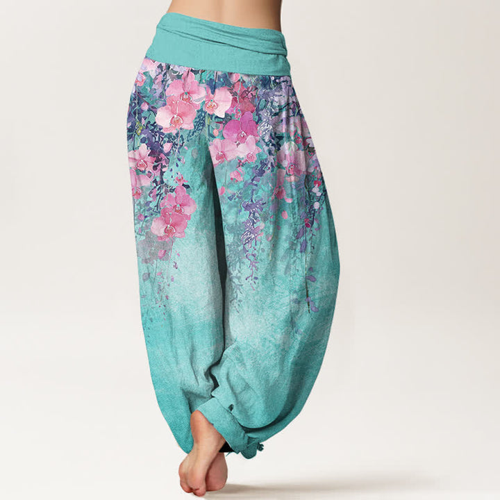 Buddha Stones Cotton Artistic Garden Bloom Pattern Women's Elastic Waist Harem Pants - image 1