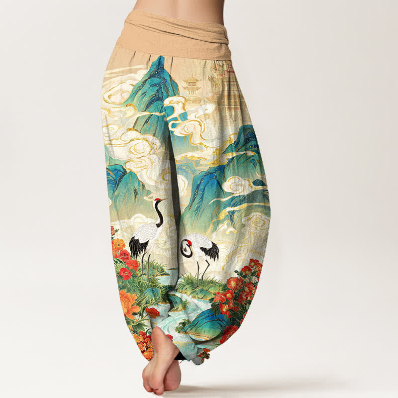 Buddha Stones Cotton Crane Stream Flower Pattern Women's Elastic Waist Harem Pants - image 1