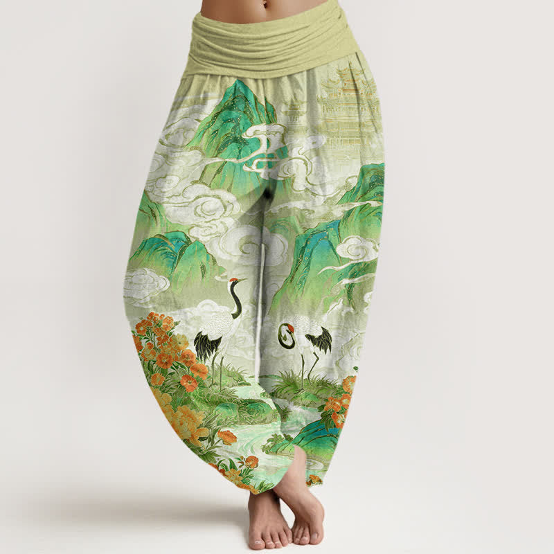 Buddha Stones Cotton Crane Stream Flower Pattern Women's Elastic Waist Harem Pants - PaleGoldenrod - US16，UK/AU20，EU48 (3XL) - image 5